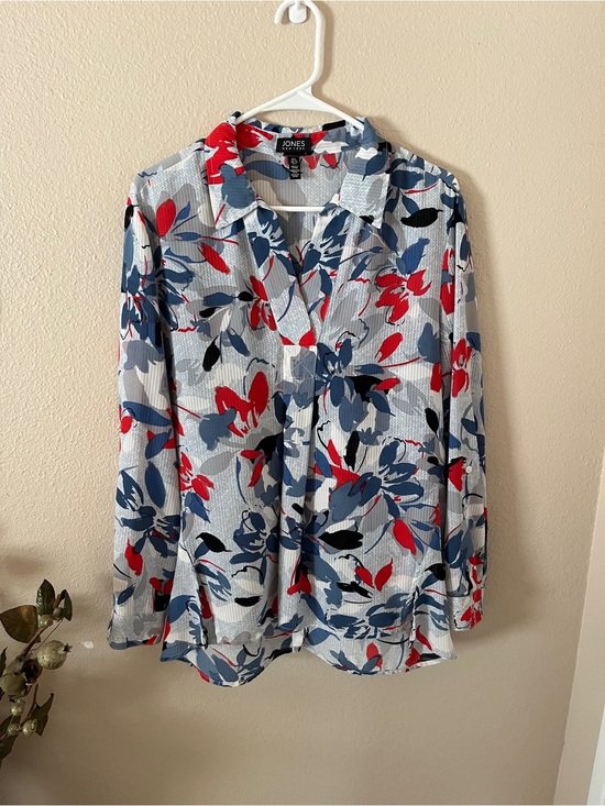 Jones New York Tops - Jones New York Red, Blue, Gray Floral Split Neckline Blouse Large